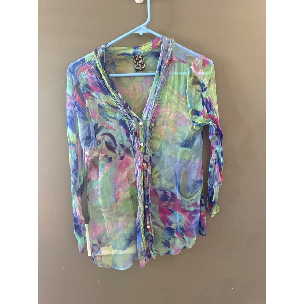 Casual Studio Womens Small Sheer Watercolor Abstract Print Button Up Blouse Blue